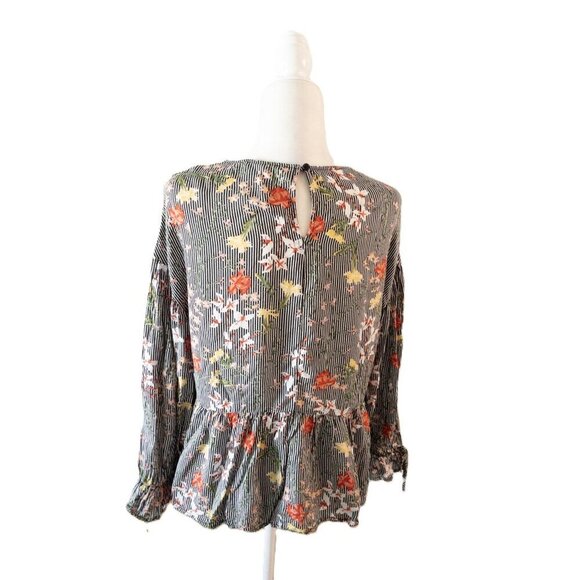 Pleione Floral Striped Long-Sleeve Peplum Blouse With Keyhole Back Detail SZ M - Picture 4 of 11